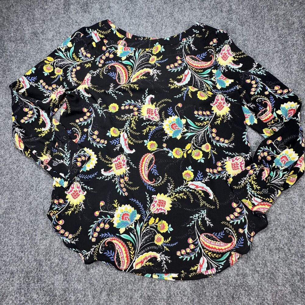 LOFT Paisley Floral Print Blouse Women's Medium Black Long Sleeve Boho Top